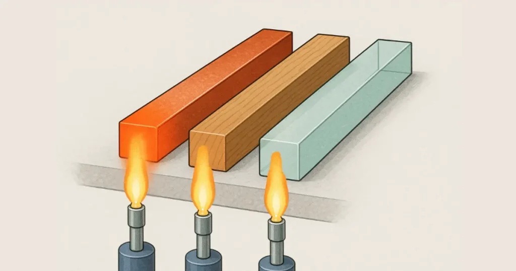 Trois barres de matériaux différents (cuivre, bois, verre) alignées côte à côte, chauffées à une extrémité par une flamme identique.