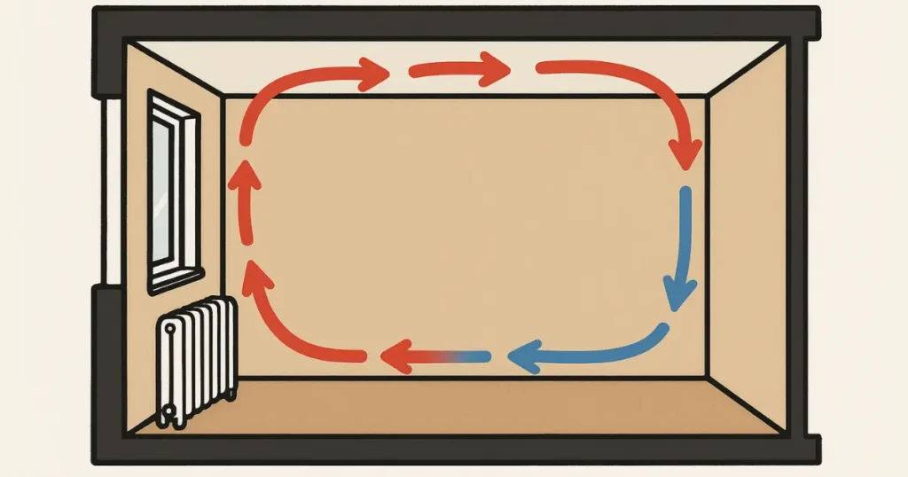 Un radiateur dans une pièce, avec des flèches bleues et rouges montrant l'air chaud qui monte et l'air froid qui descend, formant un cycle de convection thermique.