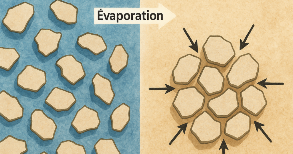 particules d'argile se contractant par évaporation, créant des tensions visibles sur fond passant d'humide à sec.