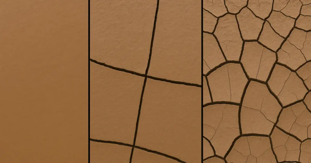 Formation de craquelures en 3 étapes : boue humide -> fissures primaires en plaques -> fissures secondaires en réseau polygonal dense.
