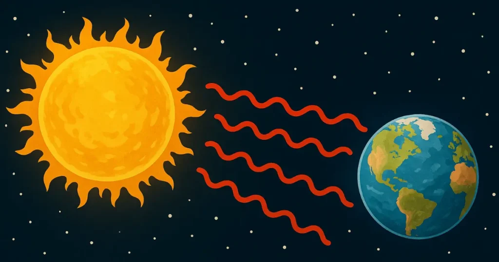 Exemple de rayonnement : Le Soleil émettant des ondes infrarouges traversant l'espace pour arriver à la Terre.