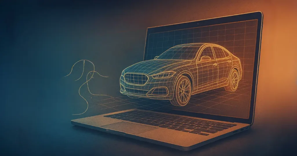 Modélisation 3D de Voiture en train de sortir d'un laptop